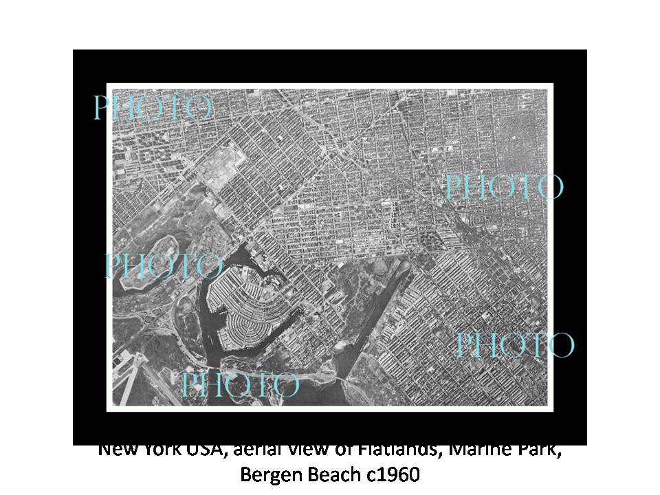 OLD LARGE HISTORIC PHOTO NEW YORK USA, AERIAL VIEW FLATLANDS BERGEN BEACH c1960