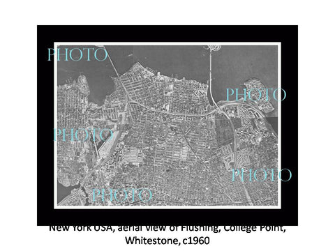 OLD LARGE HISTORIC PHOTO NEW YORK USA, AERIAL VIEW FLUSHING WHITESTONE c1960