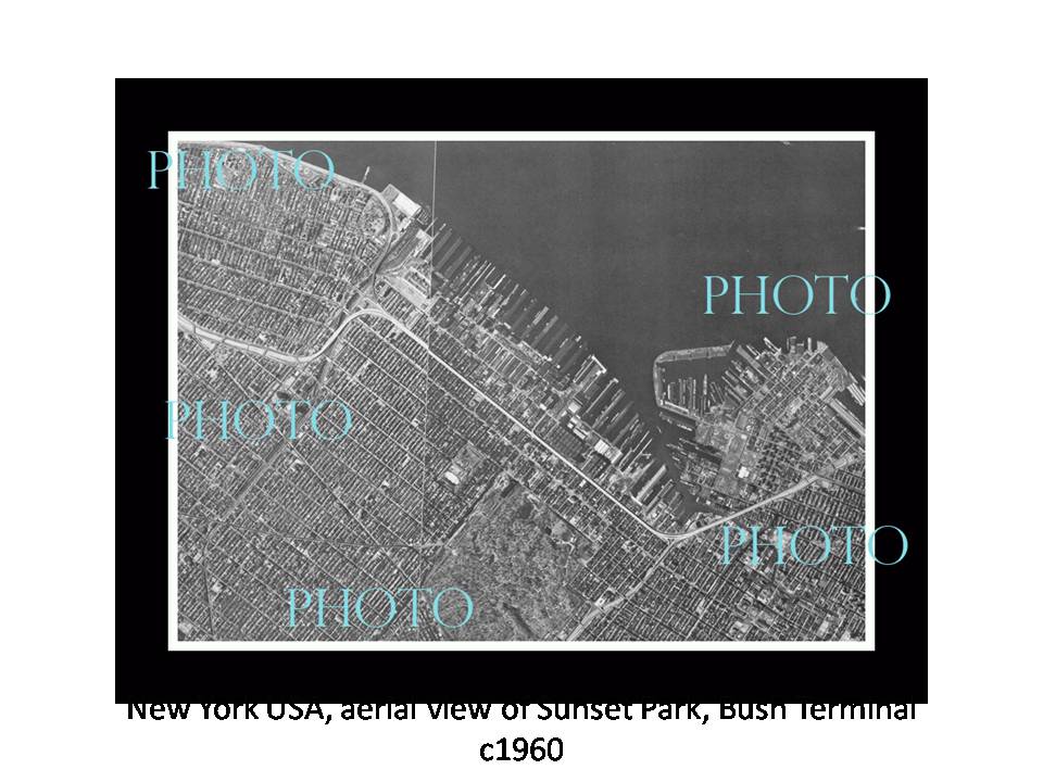 OLD LARGE HISTORIC PHOTO NEW YORK USA AERIAL VIEW SUNSET PARK BUSH TERMINAL 1960