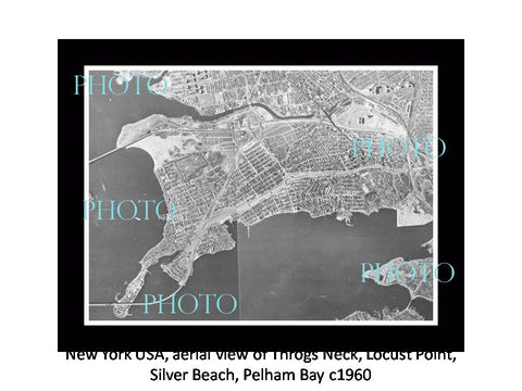 OLD LARGE HISTORIC PHOTO NEW YORK USA AERIAL VIEW THROGS NECK, LOCUST POINT 1960