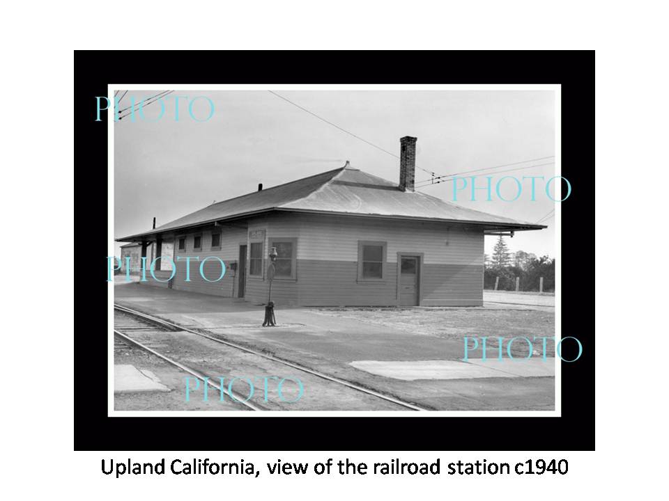 OLD LARGE HISTORIC PHOTO UPLAND CALIFORNIA, VIEW OF THE RAILROAD STATION c1940