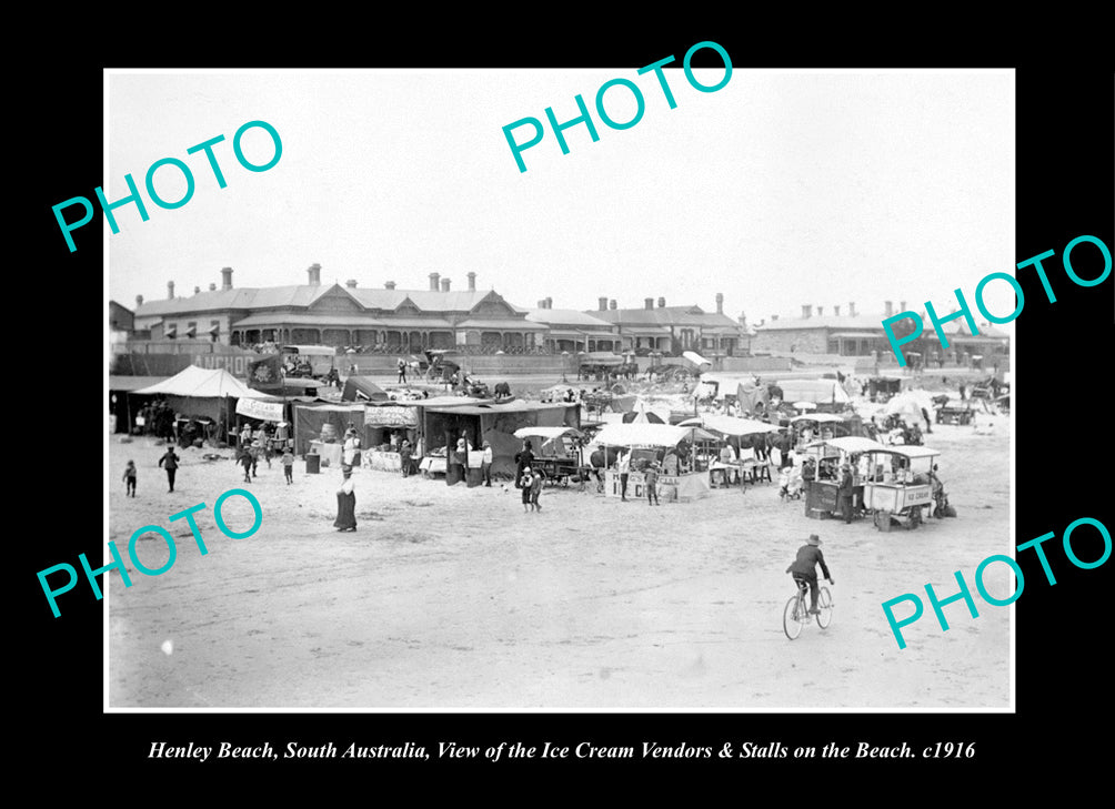 OLD LARGE HISTORIC PHOTO HENLEY BEACH SOUTH AUSTRALIA, ICE CREAM VENDORS c1916