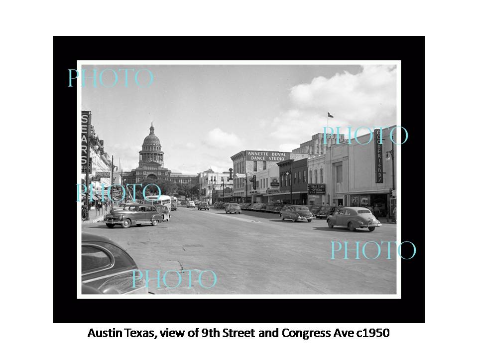 OLD LARGE HISTORIC PHOTO OF AUSTIN TEXAS, VIEW OF 9th ST & CONGREESS AVE c1950