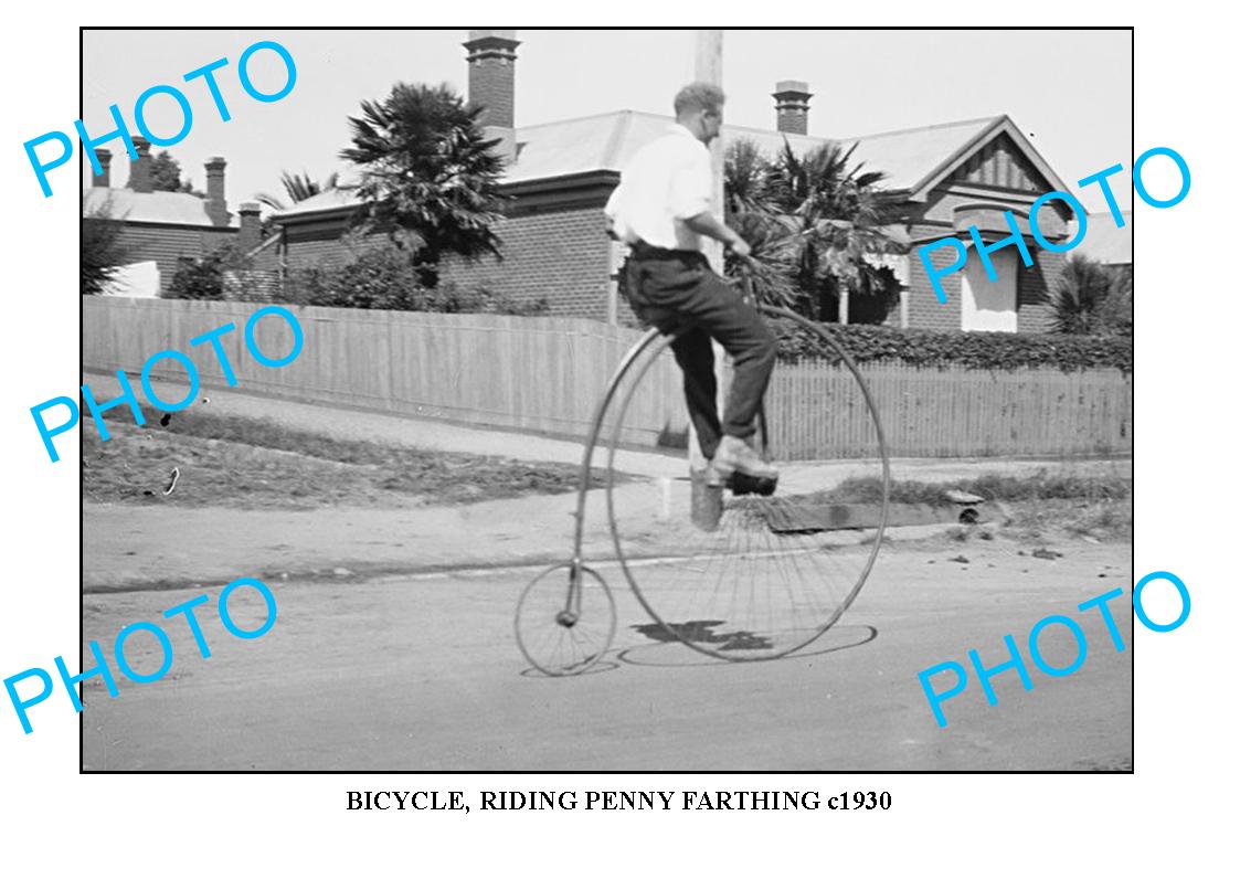 LARGE OLD PHOTO OF CYCLIST RIDING PENNY FARTHING, c1930