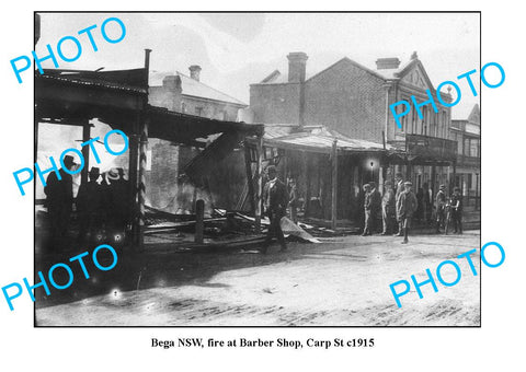 OLD LARGE PHOTO OF BEGA NSW, BARBER SHOP FIRE c1915 CARP STREET