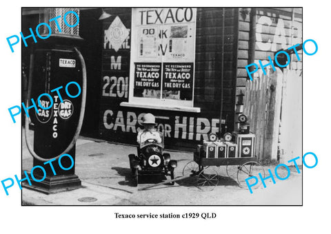 OLD LARGE PHOTO OF TEXACO SERVICE STATION QLD c1930, PETROL BOWSER etc