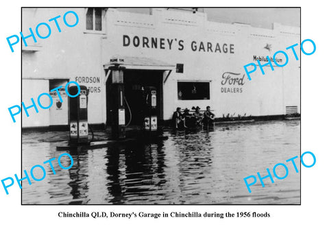 OLD LARGE PHOTO OF DORNEY'S GARAGE, CHINCHILLA QLD c1956 FLOODS, MOBIL PLUME etc