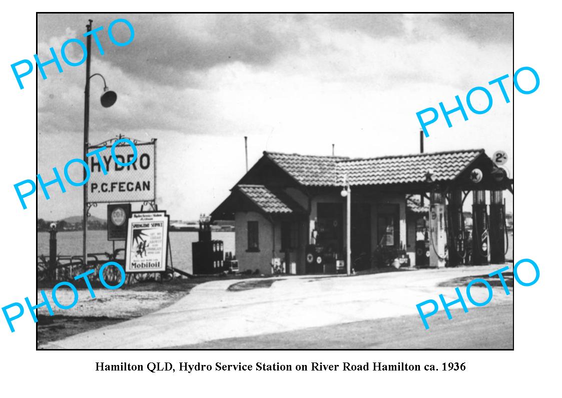 OLD LARGE PHOTO OF HAMILTON SERVICE STATION QLD, c1936 PETROL BOWSERS MOBIL etc