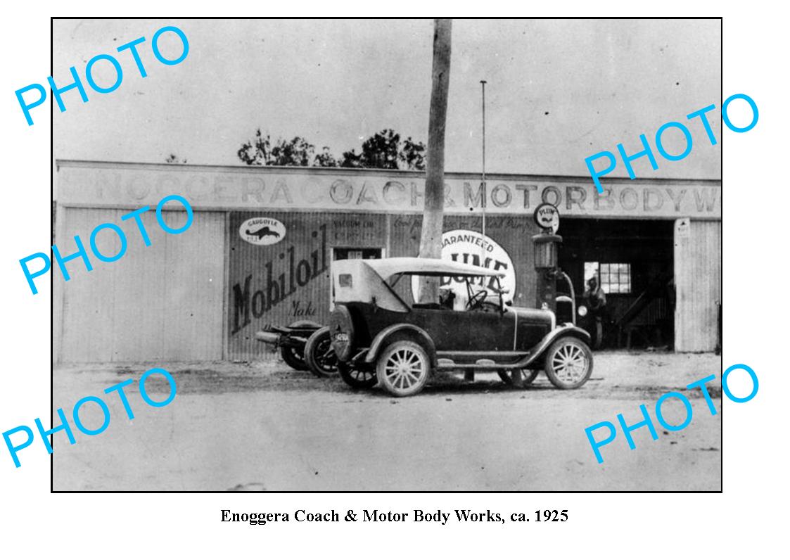 OLD LARGE PHOTO OF ENNOGGERA GARAGE c1925, MOBIL PETROL BOWSER