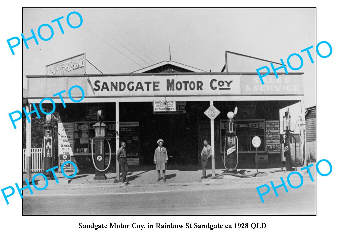 OLD LARGE PHOTO OF SANDGATE GARAGE c1928 QLD, PLUME TEXACO PETROL BOWSER