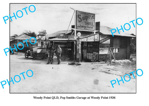 OLD LARGE PHOTO OF WOODY POINT GARAGE c1936 QLD, SHELL PETROL BOWSER