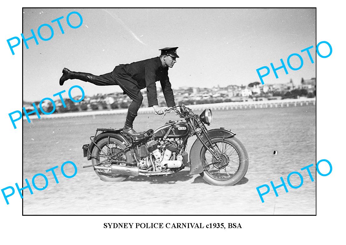 OLD LARGE PHOTO OF SYDNEY POLICE CARNIVAL, BSA MOTORCYCLE TRICKS c1935