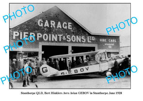 OLD LARGE PHOTO OF STANTHORPE QLD, BERT HINKLER REFUELLING AVRO AVIAN c1928