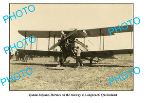 OLD LARGE QANTAS AIRLINES PHOTO, HERMES BIPLANE LONGREACH QLD c1930