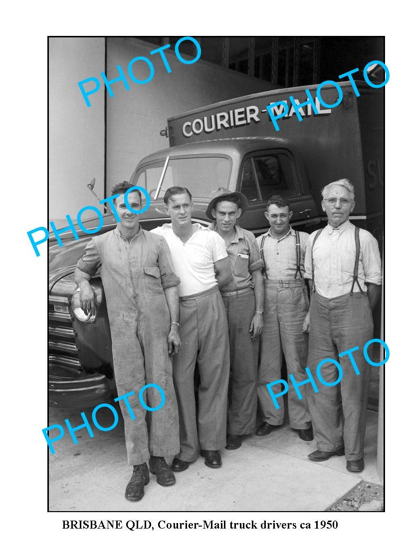 OLD LARGE PHOTO, BRISBANE QUEENSLAND, COURIER MAIL TRUCK DRIVERS c1950