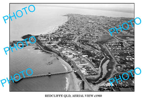 OLD LARGE PHOTO, BRISBANE QUEENSLAND, REDCLIFFE AERIAL VIEW, PIER & BEACH c1960