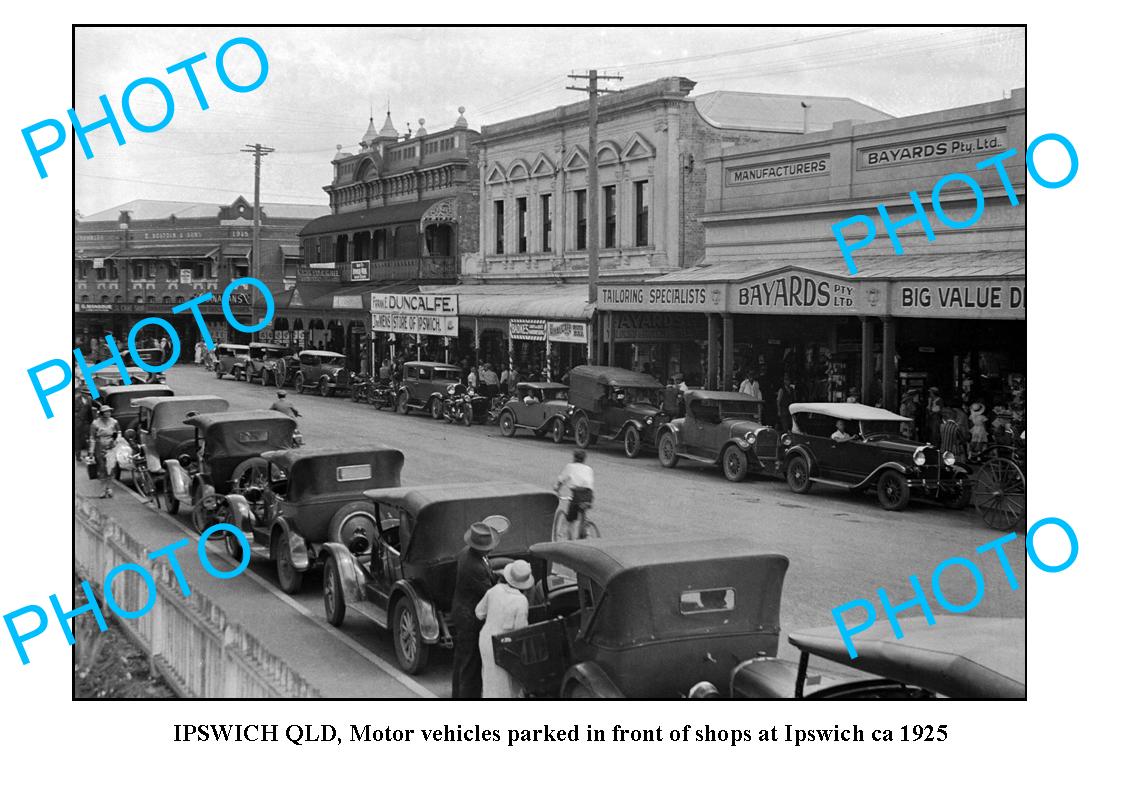 OLD LARGE PHOTO, IPSWICH QLD, SHOPS ON MAIN STREET c1925