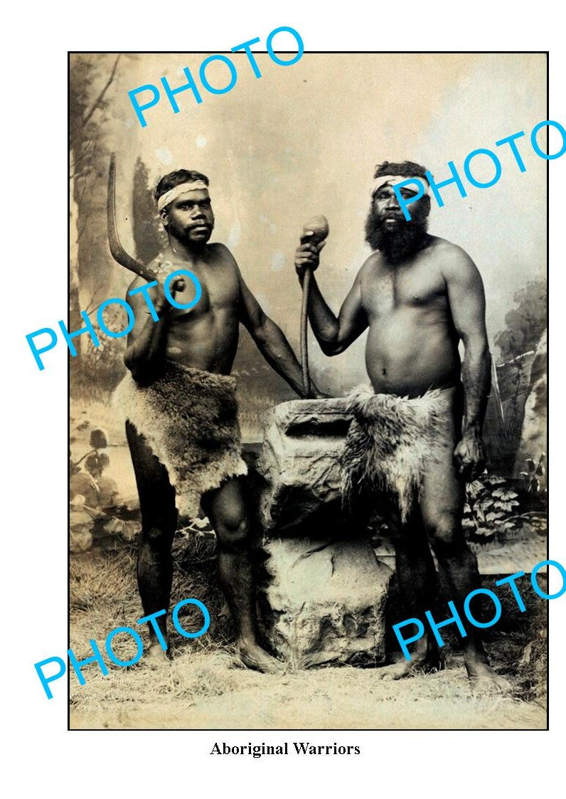 OLD LARGE PHOTO, ABORIGINAL WARRIORS, BOOMERANG & NULLA NULLA c1900