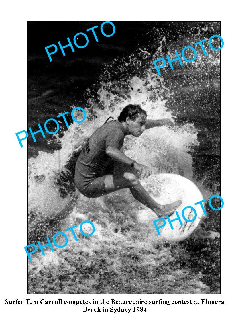 OLD LARGE PHOTO, AUSTRALIAN SURF CHAMPION TOM CARROLL, ELOUERA BEACH c1984