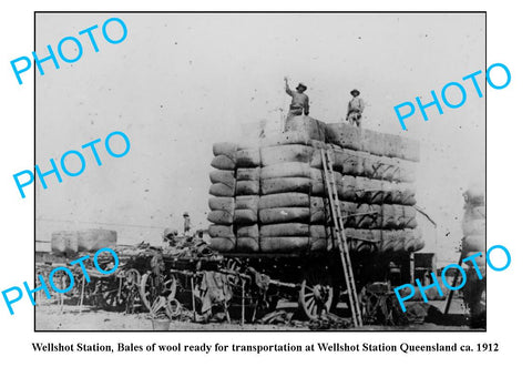 OLD LARGE PHOTO, WELLSHOT STATION, QUEENSLAND, LOADING WOOL BALES c1912