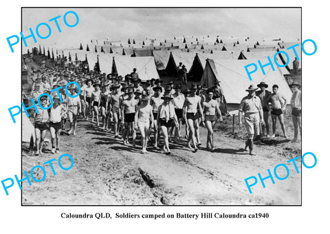 OLD LARGE PHOTO, CALOUNDRA QLD, SOLDIERS CAMPED ON BATTERY HILL c1940