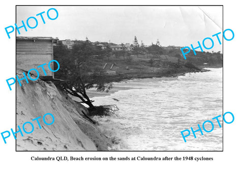 OLD LARGE PHOTO, CALOUNDRA QLD, BEACH EROSION AFTER CYCLONE c1948