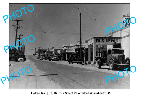 OLD LARGE PHOTO, CALOUNDRA QLD, BULCOCK STREET BUS DEPOT c1946