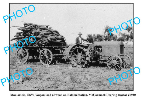 OLD LARGE PHOTO, MOULAMEIN NSW, McCORMACK DEERING TRACTOR CARTING WOOD c1930