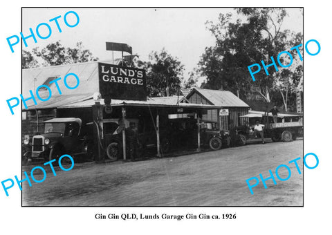 OLD LARGE PHOTO, GIN GIN QUEENSLAND, LUNDS MOTOR GARAGE c1926