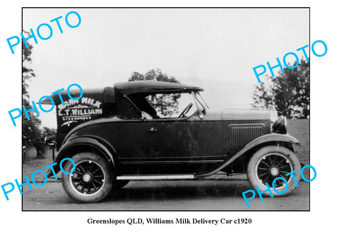 OLD LARGE PHOTO, GREENSLOPES QUEENSLAND, WILLIAMS MILK DELIVERY CAR c1920