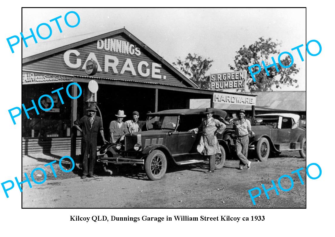 OLD LARGE PHOTO, KILCOY QUEENSLAND, DUNNINGS GARAGE WILLIAM St c1933