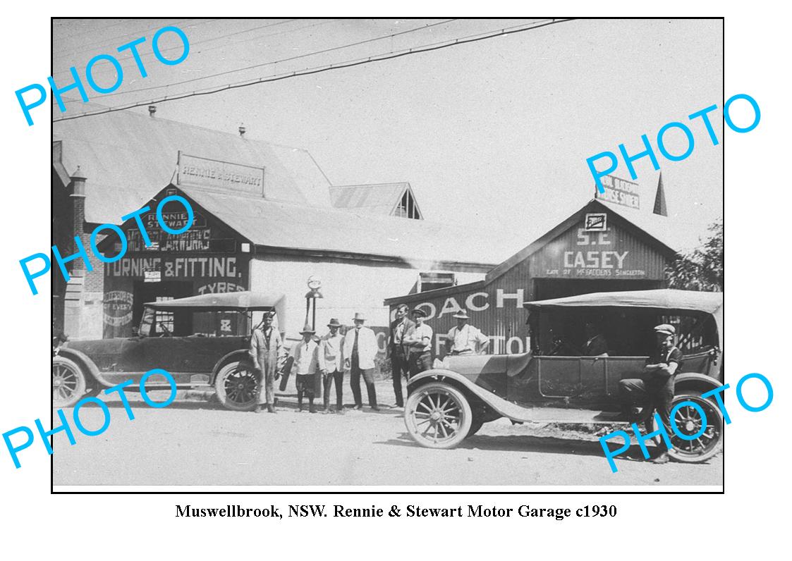 OLD LARGE PHOTO, MUSWELLBROOK NSW, RENNIE & STEWART MOTOR GARAGE c1930