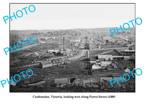 OLD LARGE PHOTO, CASTLEMAINE VICTORIA, VIEW OF TOWN AND FOREST STREET c1880