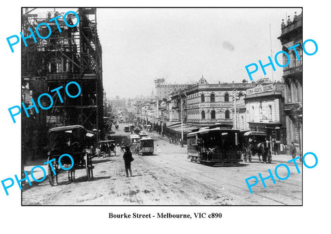 OLD LARGE PHOTO, BOURKE STREET, MELBOURNE TRAMS VICTORIA c1890