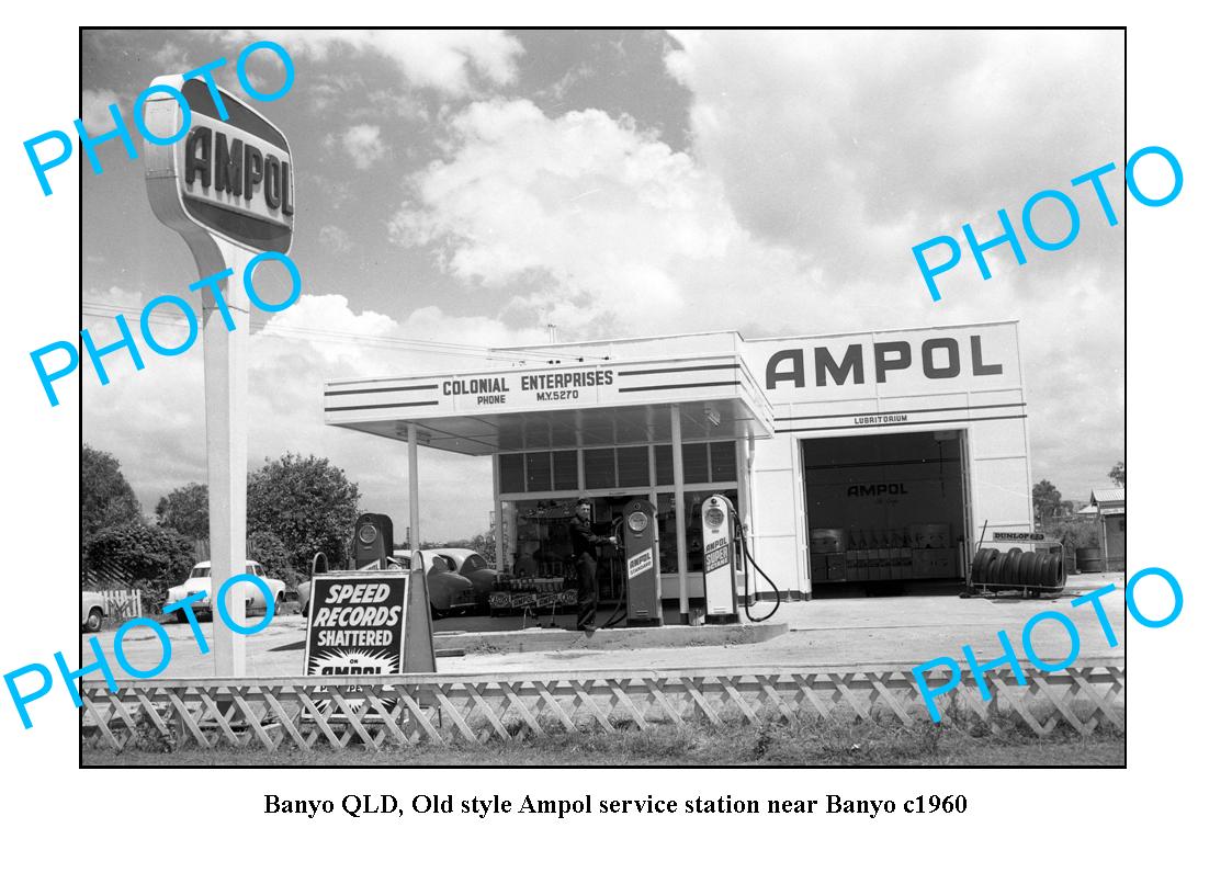 OLD LARGE PHOTO, BANYO QLD, OLD STYLE AMPOL OILS SERVICE STATION c1960