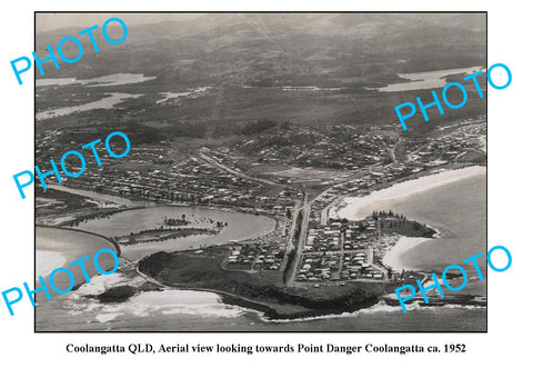 OLD LARGE PHOTO, COOLANGATTA QLD, AERIEL VIEW OF POINT DANGER c1952