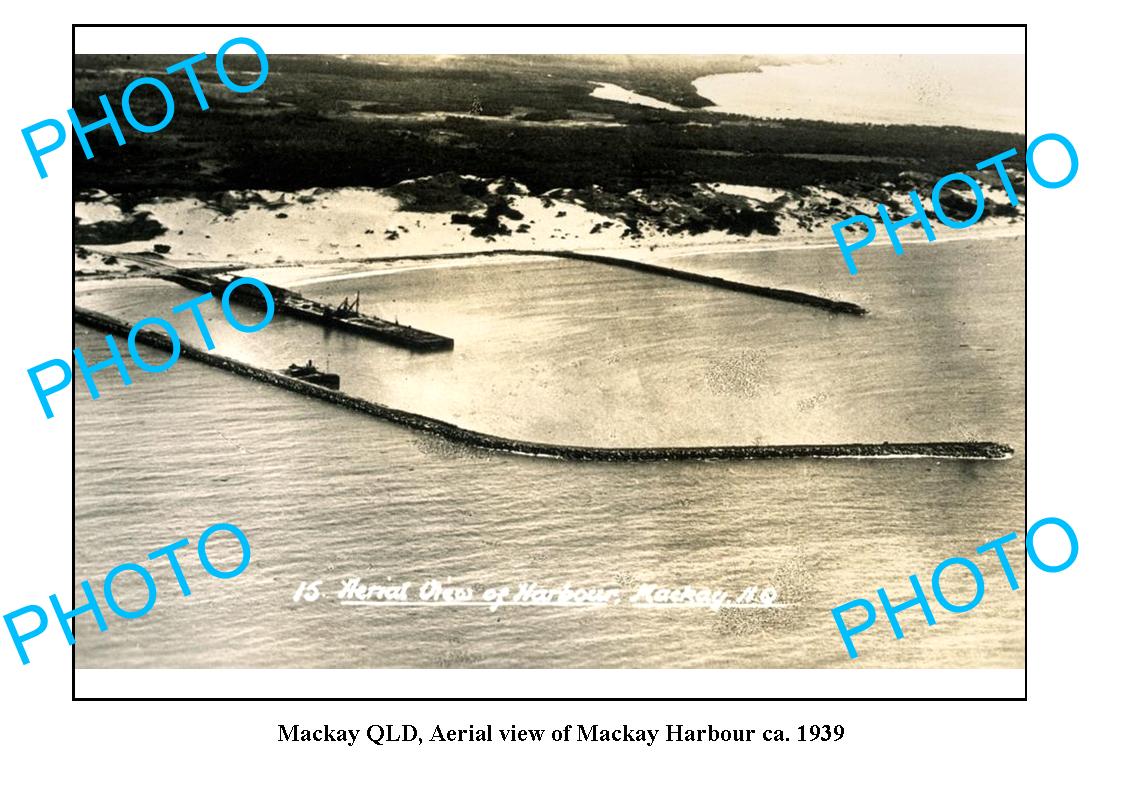 OLD LARGE PHOTO, MACKAY QUEENSLAND, AERIAL VIEW OF MACKAY HARBOUR c1939