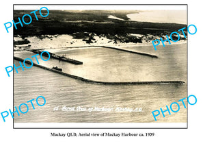 OLD LARGE PHOTO, MACKAY QUEENSLAND, AERIAL VIEW OF MACKAY HARBOUR c1939