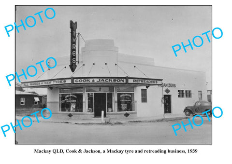 OLD LARGE PHOTO, MACKAY QUEENSLAND, COOK & JACKSON TYRES BUILDING c1939