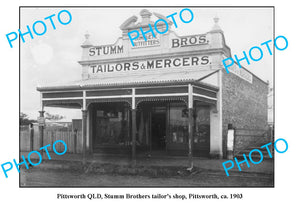 OLD LARGE PHOTO, PITTSWORTH QUEENSLAND, STUMM BROS TAILORS STORE c1903