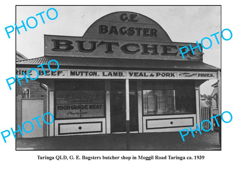 OLD LARGE PHOTO, TARINGA QUEENSLAND, BAGSTERS BUTCHER SHOP, MOGGIL Rd c1939