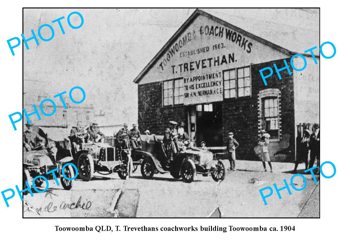 OLD LARGE PHOTO,  TOOWOOMBA QUEENSLAND, TREVETHAN COACHWORKS BUILDING c1904