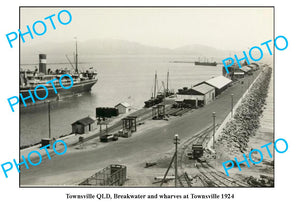 OLD LARGE PHOTO, TOWNSVILLE QUEENSLAND, BREAKWATER & WHARVES c1924