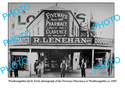 OLD LARGE PHOTO, WOOLLOONGABBA QUEENSLAND, FIVEWAYS PHARMACY BUILDING c1929