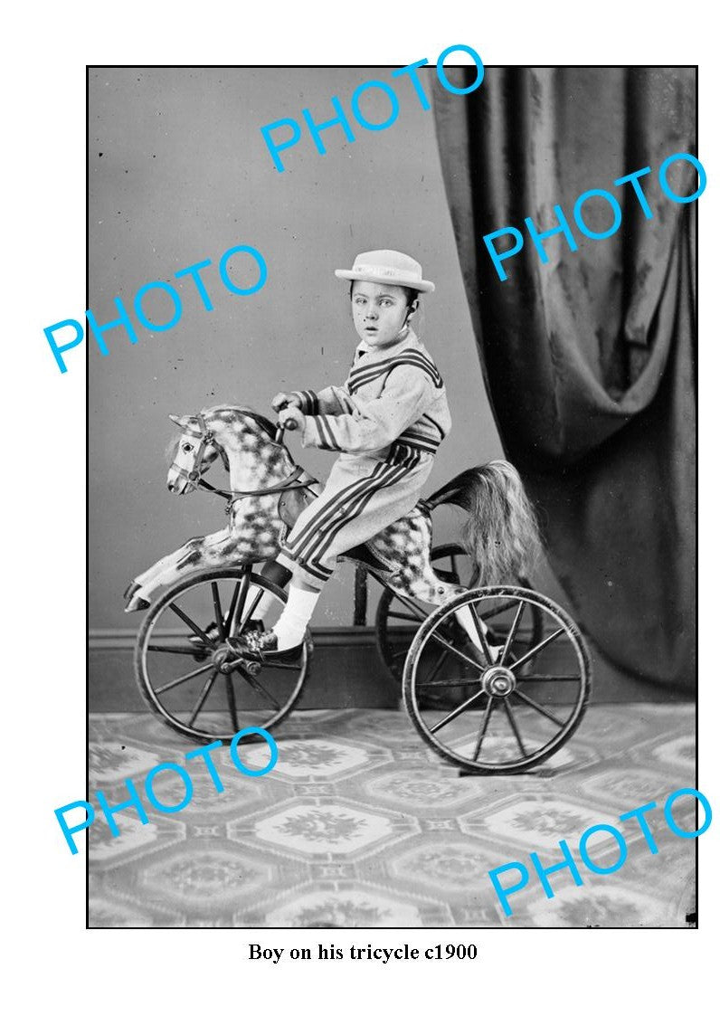 OLD LARGE PHOTO, CHILD PLAYING ON HIS HORSE TRICYCLE c1900 1