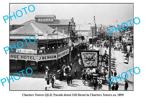 OLD LARGE PHOTO, CHARTERS TOWERS QLD, GILL STREET PARADE & HOTEL c1899