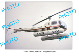 OLD LARGE PHOTO, ANSETT AIRLINES, BELL RANGER 47J-2 HELICOPTER