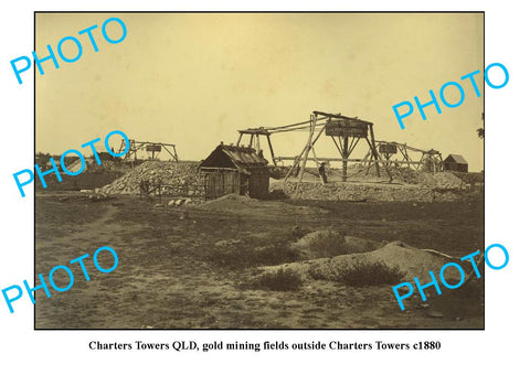 OLD LARGE PHOTO FEATURING CHARTERS TOWERS QLD, GOLD MINING FIELD c1880