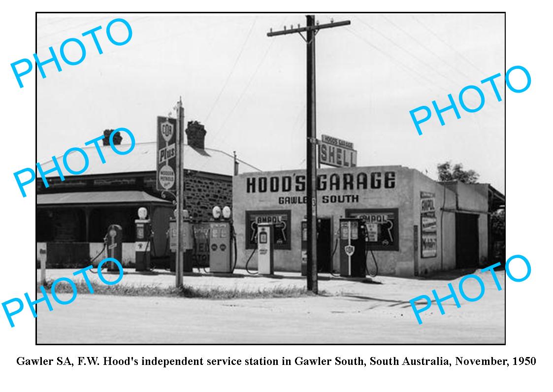 OLD LARGE PHOTO FEATURING GAWLER SA HOODS SERVICE STATION & PETROL BOWSERS c1950