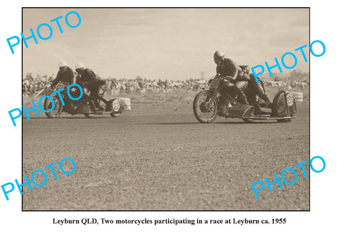 OLD LARGE PHOTO FEATURING LEYBURN QUEENSLAND, MOTORCYCLE & SIDECAR RACERS 1955